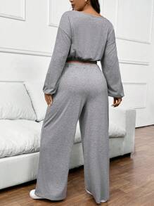 SHEIN Frenchy 1pc Plus Size Women Casual Loose 2 Pieces Set,Fashionable Grey Sports Outfit With Long Sleeve Top & Matching Bottom, Comfortable & Versatile For Daily Wear - Light Grey - View 2