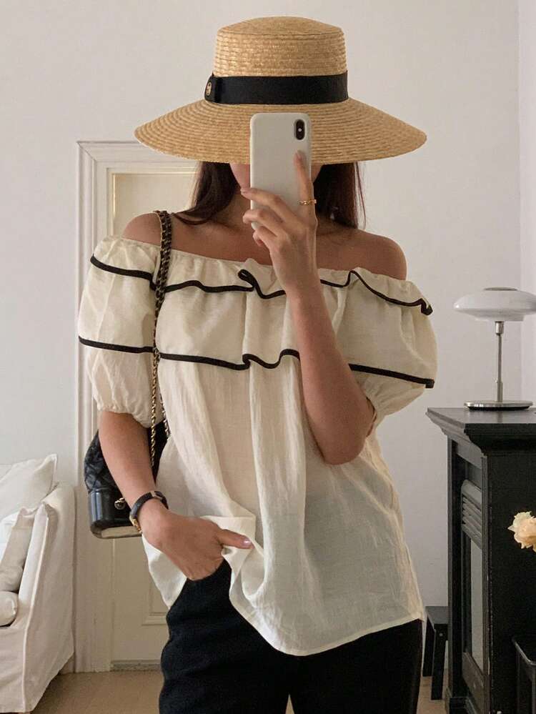 Women's Ruffle Trim Off Shoulder Colorblock Short Sleeve Casual Shirt