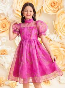 SHEIN Tween Girls Elegant Floral Print Organza Short Sleeve Pink Dress, Ramadan Dress, For Valentine's Day