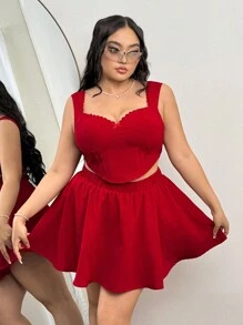 SHEIN ICON Plus Size Sweetheart Neck Lace Trim Fitted Top & A-Line Skirt 2 Pieces Set, Princess Dress, Suitable For Valentine's Day - Red - View 6