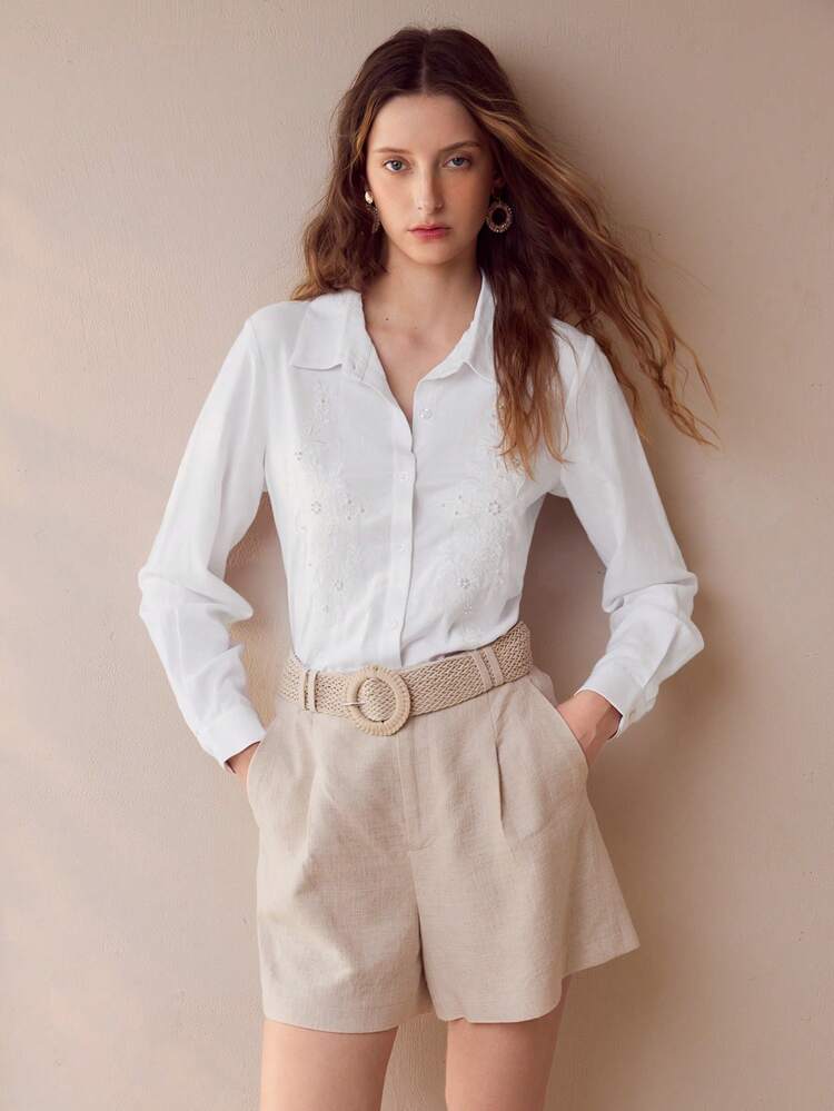 LINEN FLORAL EMBROIDERY SHIRT,SPRING/SUMMER
