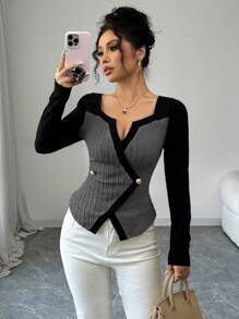 SHEIN Tall Women's Plain Color Splicing Front Button Long Sleeve Casual Blouse - Grey - View 1