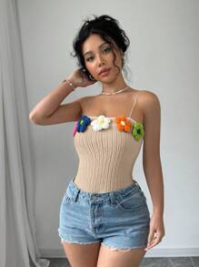 Elenzga Simple 3D Flower Decor Spaghetti Strap Tight-Fitting Casual Cold Shoulder Top - Apricot - View 4