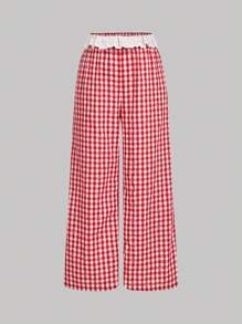 SHEIN MOD Plus Size Red Plaid Lace Patchwork Cute Sports Trousers - Red and White - View 1