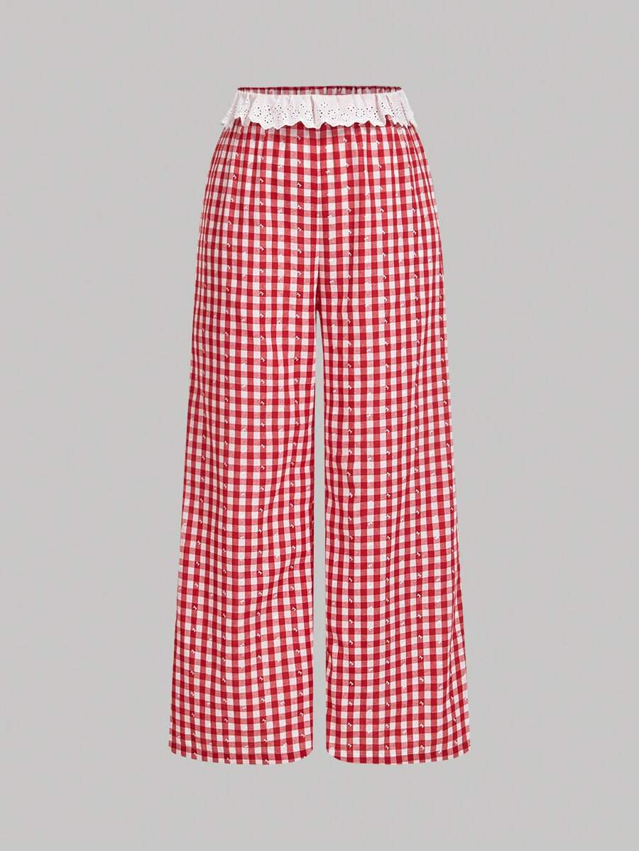 SHEIN MOD Plus Size Red Plaid Lace Patchwork Cute Sports Trousers - Red and White - View 1