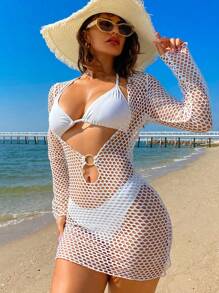 SHEIN 3pcs Women Solid Color Mesh Monokini Bikini Set With Triangle Bra, Halter Neck Tie And High Cut Brief, Sexy Beach Swimwear For Summer Beach Vacation