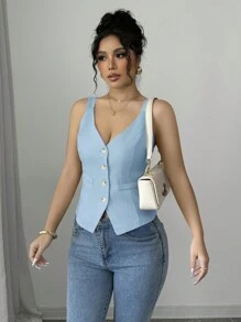 Selianne Áo hai dây bó sát một hàng khuy màu trơn dành cho nữ - Màu xanh nhạt - Xem 4