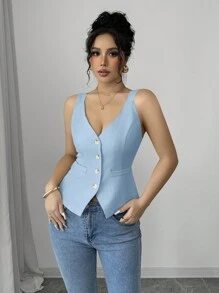 Selianne Áo hai dây bó sát một hàng khuy màu trơn dành cho nữ - Màu xanh nhạt - Xem 6