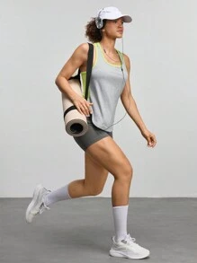 Women's Mesh Stitching Contrast Color Casual Fitness Sports Outdoor Tank Top - Grey - View 4