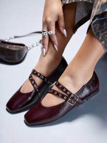 CUCCOO GRLICON Women's Red Oil Wax Leather Mary Jane Flat Shoes, Y2K, Punk, Biker, Cool Girl Style, Suitable For Halloween, Christmas, Party - Burgundy - View 5