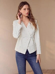 MOTF PREMIUM FAUX PEARL BEADED DOUBLE BUTTON BLAZER,SPRING/SUMMER - White - View 3