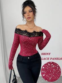 Chiquease 女士亮片面料拼布花卉边饰修身性感露肩 T 恤 - 紅色 - 查看 1