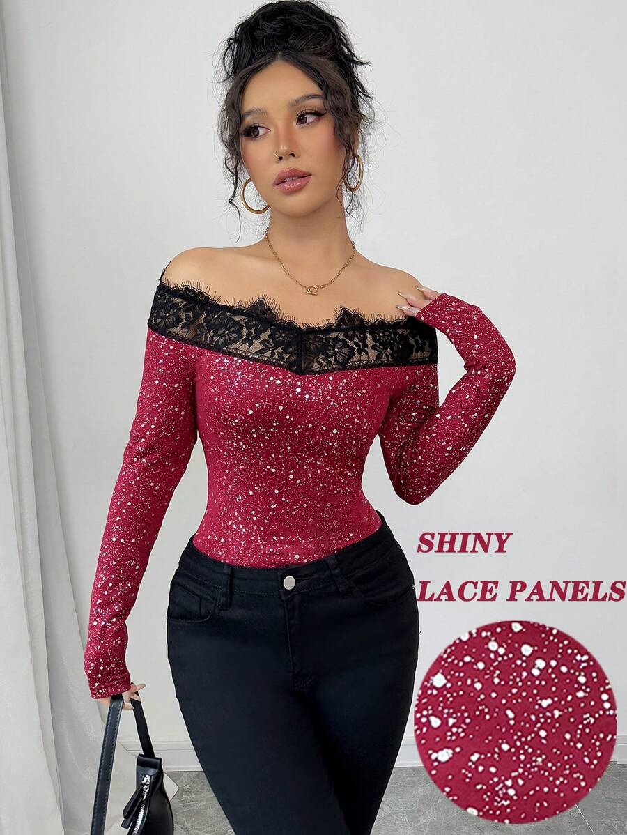Chiquease 女士亮片面料拼布花卉边饰修身性感露肩 T 恤 - 紅色 - 查看 1