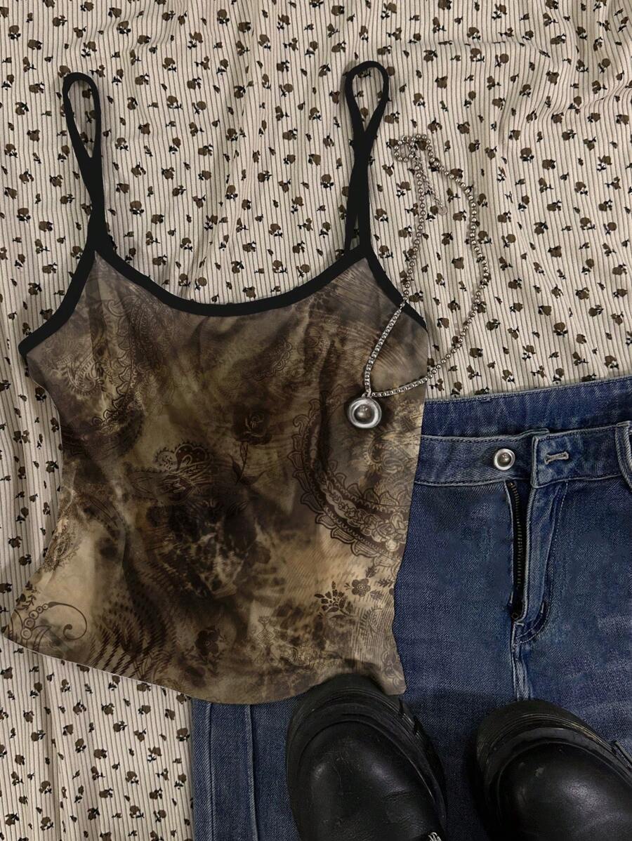 SHEIN EZwear 女士休闲复古图案性感吊带背心上衣,适合夏季 - 彩色 - 查看 1