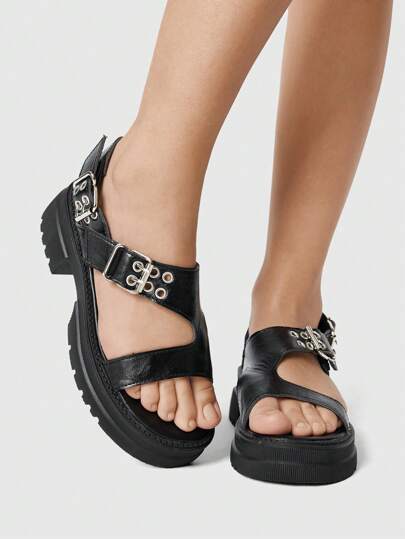 Grunge Punk Sandalias de verano para mujer con correa con hebilla, de estilo romano gótico oscuro y punk en la playa, con plataforma y tacón de cuña