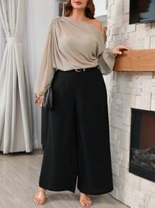 SHEIN Frenchy Plus Size Casual Elegante Escritório Modesto Ruche Chiffon Blusa Ombro Aberto e Perna Reta Solta Conjunto de Calça Casual - Multicolorido - Ver 5