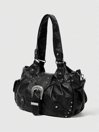 Grunge Punk Fashionable Rivet Decor Shoulder PU Leather Handbag, Stylish For Commute