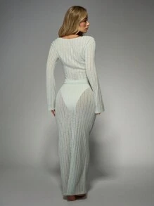 MISSGUIDED Luxury Ribbed Knit Co-Ord Set Long Sleeve Tie Front Crop Top With Maxi Skirt Lounge Set Winter Fall Two Piece Set Christmas - Green - View 2