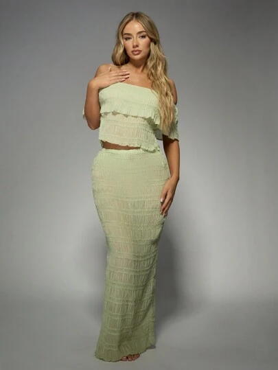 MISSGUIDED Ruched Textured Beach Co-Ord Set Bardot Crop Top Maxi Skirt Summer Holiday Resort Evening Party Occasion Two Piece Outfit Set Christmas