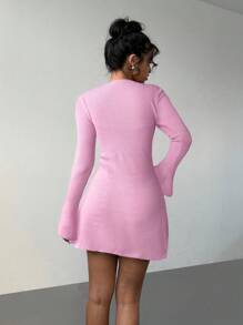 Aloruh 1 件女式喇叭袖粉色长袖针织毛衣连衣裙，新品秋冬