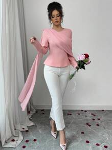 Elenzga Women's Elegant Round Neck Long Sleeve Solid Color Princess Seam Cinched Waist Chiffon Batwing Blouse, Fashionable And Slimming