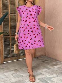 SHEIN VCAY Plus Size Cherry Print Short Casual Vacation Dress - Hot Pink - View 3