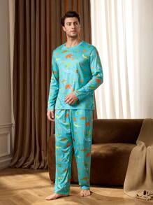 Happy Jammies 2 件男士恐龙印花长袖上衣和裤子家居睡衣套装 - 綠色 - 查看 5