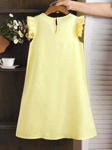 SHEIN 1 pieza Vestido de moda lindo con volantes en estilo floral 3D de color amarillo para niñas preadolescentes, primavera/verano - Albaricoque - Ver 2