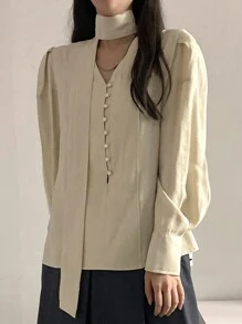 DAZY 女士纯色长袖简约通勤上衣，休闲日常穿着 - 卡其色 - 查看 7
