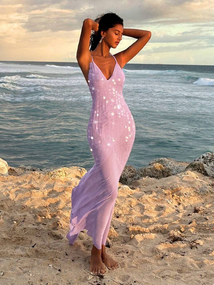 Opulessa Backless Sequin Patchwork Dress For Women, Vacation Style
