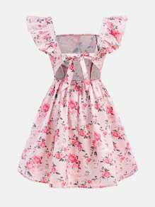 SHEIN Serisse Kids 少女编织小碎花方领荷叶边腰后蝴蝶结装饰休闲甜美派对连衣裙，适合派对、返校、女性时尚、法式优雅、公主风格、婚礼季、生日聚会、小碎花、玫瑰、情人节少女、花童连衣裙 - 粉色 - 查看 7