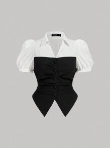 SHEIN MOD Plus Size Summer Black And White Color Block High-Low Hem Ruched Bustier Fitted Blouse - Black and White - View 1
