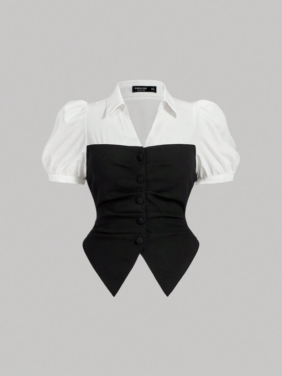 SHEIN MOD Plus Size Summer Black And White Color Block High-Low Hem Ruched Bustier Fitted Blouse - Black and White - View 1