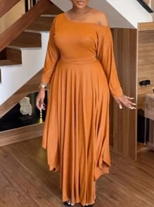 Women's Plus Size Solid Color Oblique Shoulder Long Sleeve Slit Casual Simple Dress - Orange - View 4