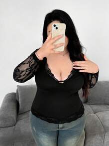 SHEIN MOOSTA 大码女式深 V 领撞色蕾丝休闲长袖衬衫，优雅派对性感 - 黑色 - 查看 7
