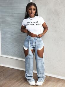 SHEIN Slayr Jeans droits sexy amples à poches et découpes pour femmes