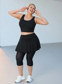 SHEIN EZwear Plus Size Black Running Skirt With Built-In Pockets, Leggings