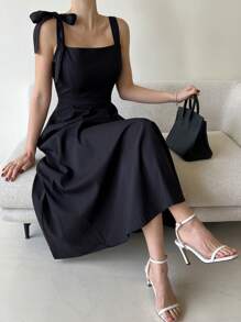 DAZY 女士不对称吊带中长连衣裙搭配喇叭形太阳裙 - 黑色 - 查看 1