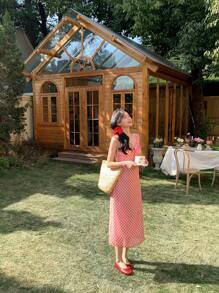 DAZY 女士 V 领荷叶边格子中长休闲连衣裙、挤奶女工连衣裙 - 紅色 - 查看 6