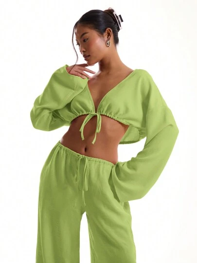 MUSERA Top de playa con mangas anchas y nudo delantero, de sensación de lino. Elegante para vacaciones de primavera en Ibiza, salidas, fiestas, festivales de verano y Pascua