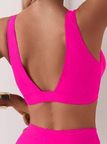 SHEIN Swim Bikini de dos piezas para mujer con top con sujetador y Bottom de color liso, simple y de moda como uso casual para el día a día en verano y vacaciones a la playa - Rosa Fucsia - Ver 4