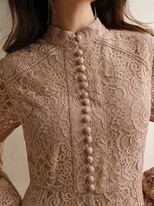 Anewsta Ladies' Long Sleeve Lace Rose Pink Dress Maxi Women Outfit - Khaki - View 5