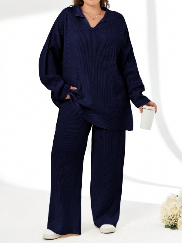 EURMUSE 2 stuks/set effen kleur trui met omslagkraag en lange broek outfit