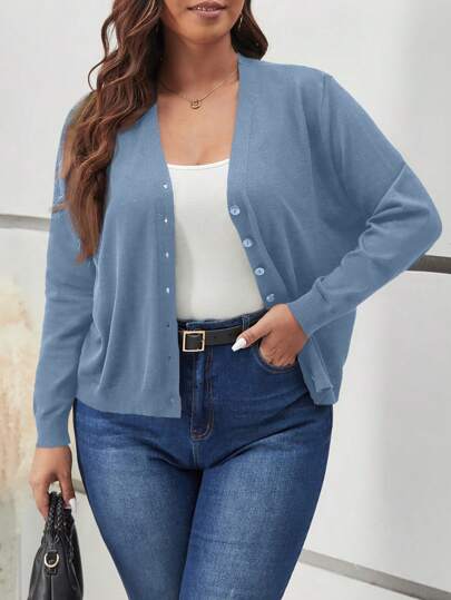 SHEIN Frenchy Plus Size Women's Solid Color Long Sleeve Single-Breasted Casual Cardigan, Autumn/Winter Fall