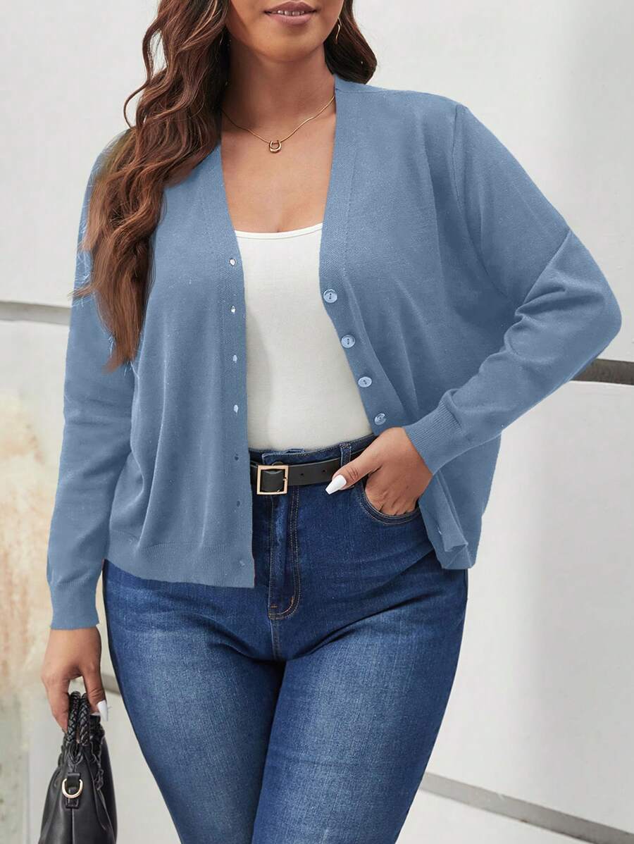 SHEIN Frenchy Plus Size Women's Solid Color Long Sleeve Single-Breasted Casual Cardigan, Autumn/Winter Fall - Blue - View 1
