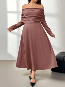 Firerie 大码女式优雅露肩褶皱宽松 A 字长袖超长连衣裙，弹力休闲，适合通勤、秋冬季 - 藕粉色 - 查看 5