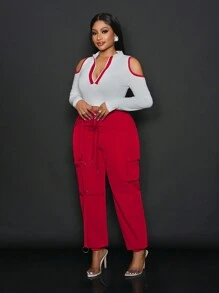 Slaydiva 2pcs/Set Women Casual Color Block Trim Off Shoulder Crop Top And Pants