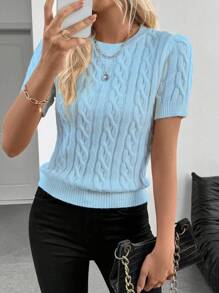 Chiquease Stylish Blogger Same Design Twist Rope Decor Round Neck Knit Top, Popular In Europe And America, Autumn/Winter - Baby Blue - View 6