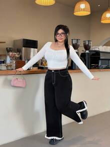 SHEIN EZwear Plus Size Casual Contrast Color Lace Trim Slit Denim Pants - Black - View 1