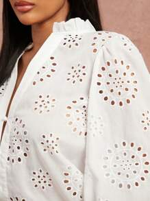 SHEIN SXY Spring/Summer Date Valentine's Day Wedding Elegant Vacation Outfits Birthday Outfits For Woman White Face Cloth Embroidered V-Neck Ruffled Trim Long Sleeve Pleated Front Center Cardigan Shirt Blouse - White - View 6